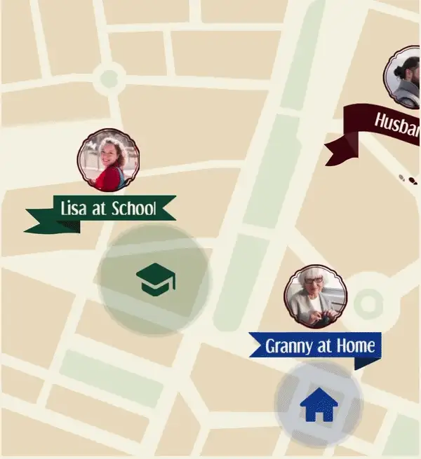 The Protego family map: framed portraits of a daughter, a grandmother and a father on a parchment-style map, with ribbons reading Lisa at School and Granny at Home, and footprints trailing behind the father as he walks