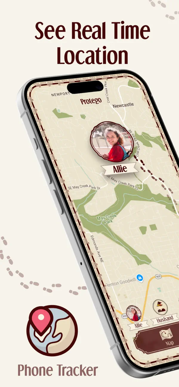 Protego app screen: real-time family location on a parchment-style map