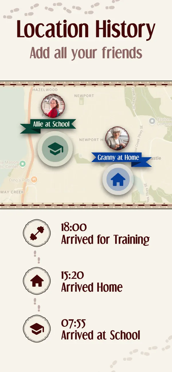 Protego app screen: location history with arrival alerts for each family member